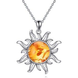 Sterling Silver Amber Sun Necklace for Women 13mm Protecting Jewelry Gift
